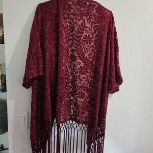 Burgundy Floral Kimono with Fringe
